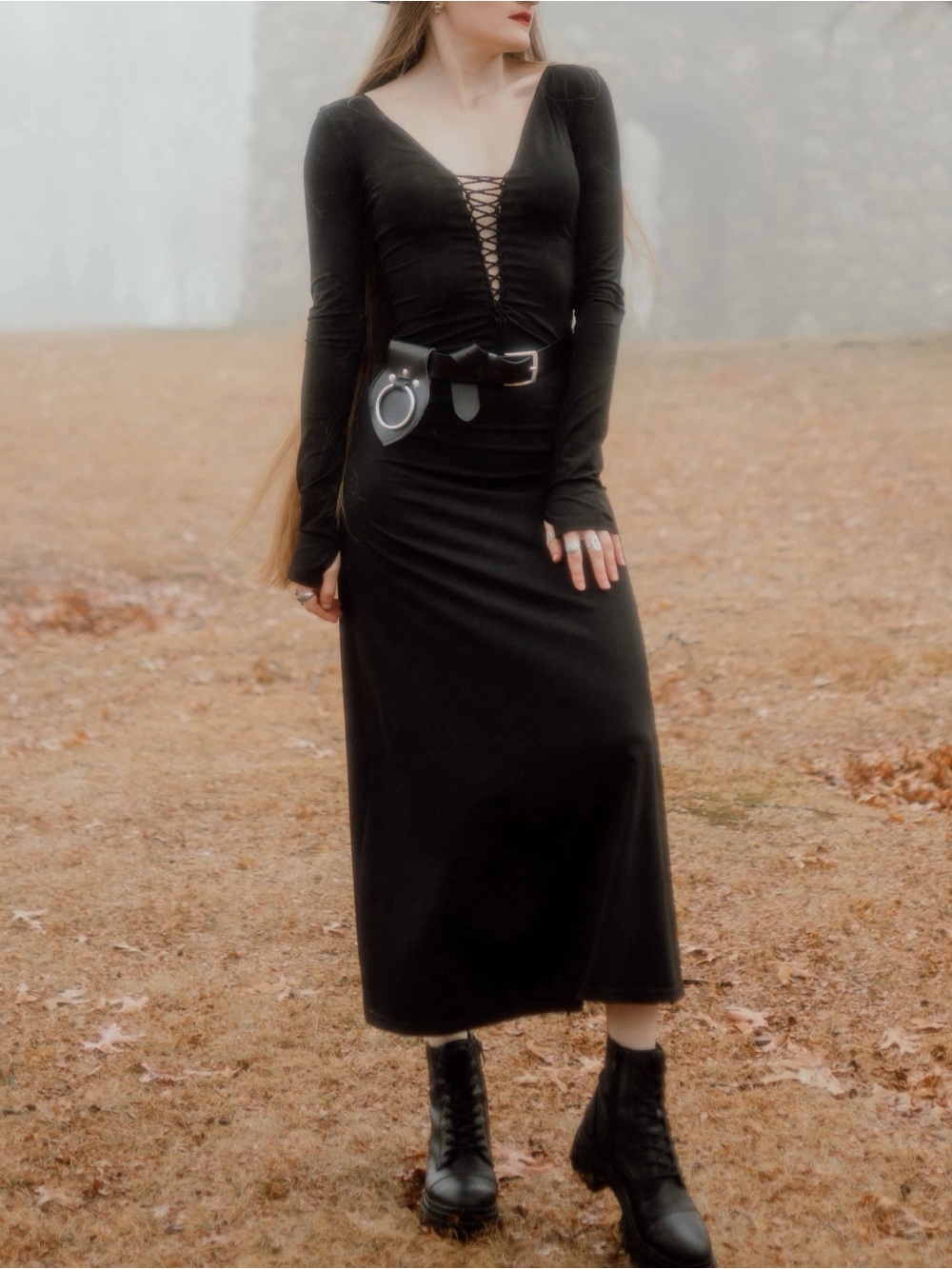 Black Lace-Up Long Sleeve Maxi Dress